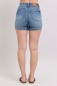 MEDIUM WASH HIGH WAIST TUMMY CONTROL COOL DENIM DOUBLE WAISTBAND SHORTS BY JUDY BLUE