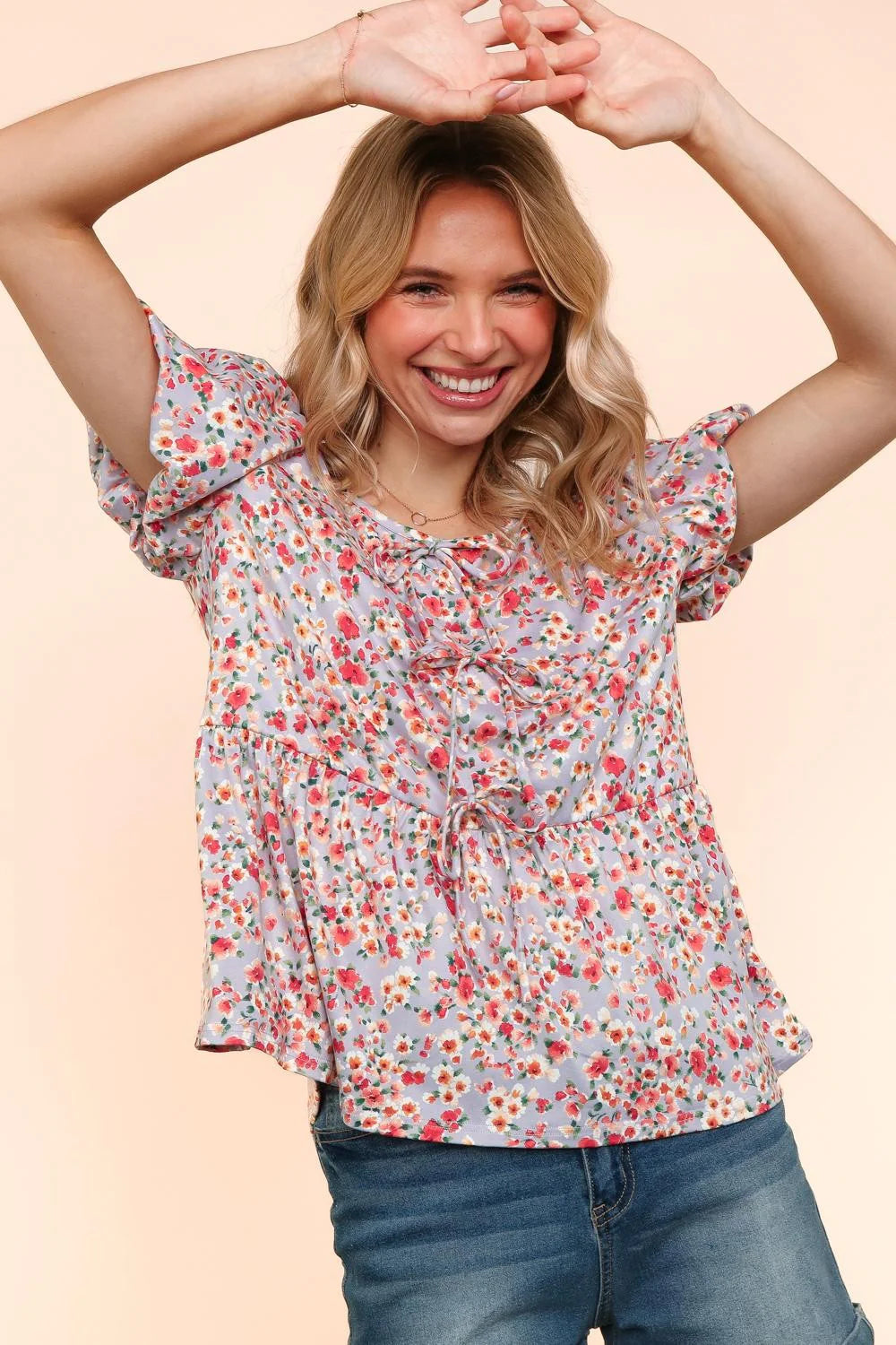 LAVENDER MULTI FLORAL FRONT RIBBONS BOW TIE BABYDOLL KNIT TOP