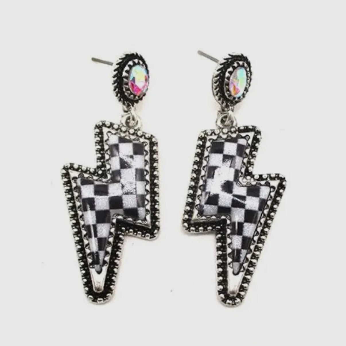 CHECKERED PRINT LIGHTENING BOLT DANGLE AB CRYSTAL STONE EARRINGS