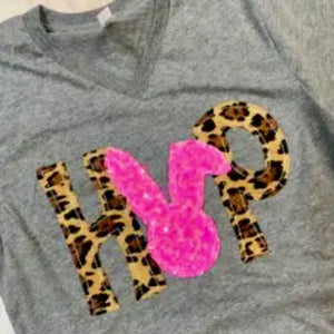 HOP EASTER BUNNY TEE VNECK GREY WITH LEOPARD AND SEQUINS APPLIQUED HANDMADE TEE