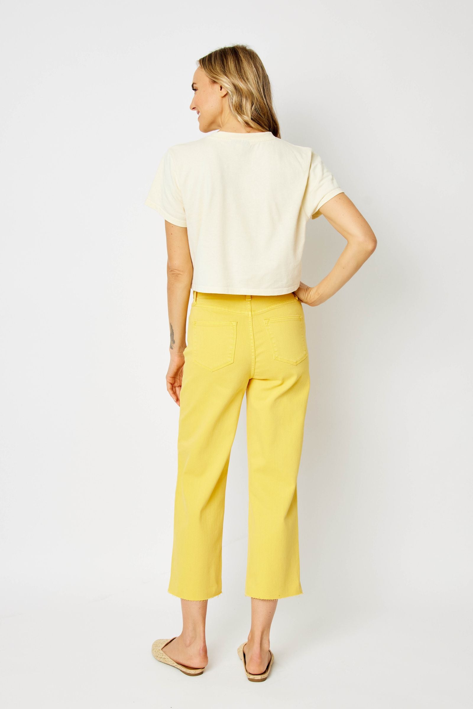 YELLOW HIGH WAIST GARMENT DYED BRAIDED WAISTBAND CROP WIDE LEG DENIM JUDY BLUE
