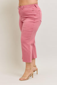 ROSE HIGH WAIST GARMENT DYED RAW HEM CROP WIDE LEG JUDY BLUE DENIM-PLUS