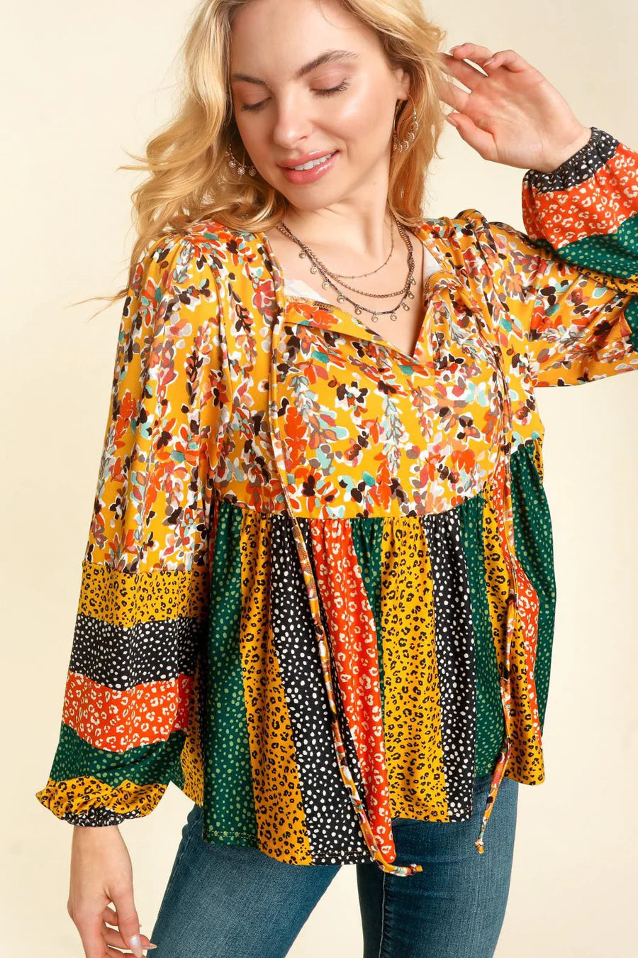 BUTTER SOFT MUSTARD RUST MULTI PRINTED TOP-PLUS
