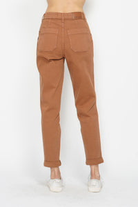 CAMEL HIGH WAIST GARMENT DYED CUFFED JOGGERS JUDY BLUE DENIM