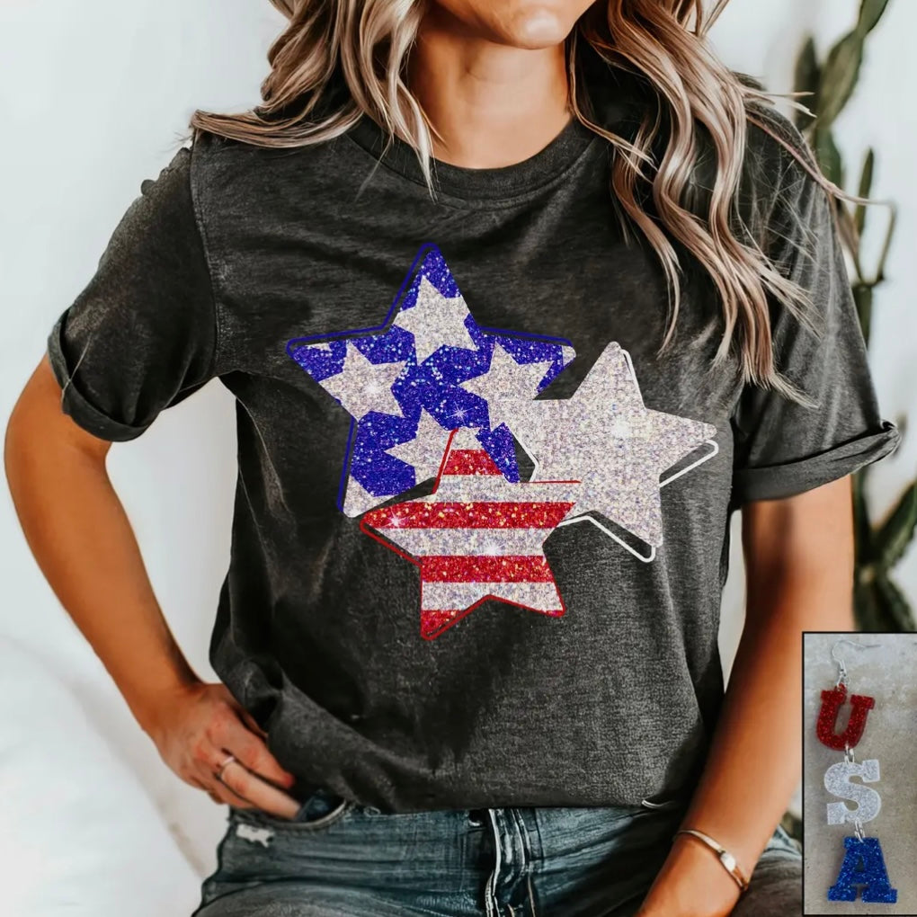 GLITTERY LOOKING STARS FOURTH OF JULY RWB CHARCOAL TEE- SALE- SMALL AVAILABLE