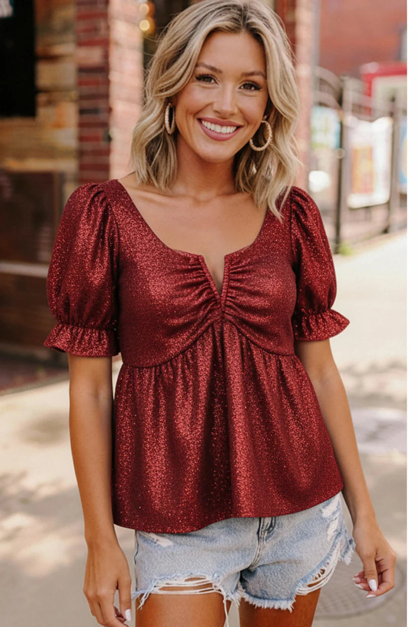 MAROON GLITTERED HOLIDAY VNECK CUTOUT BUBBLE BLOUSE