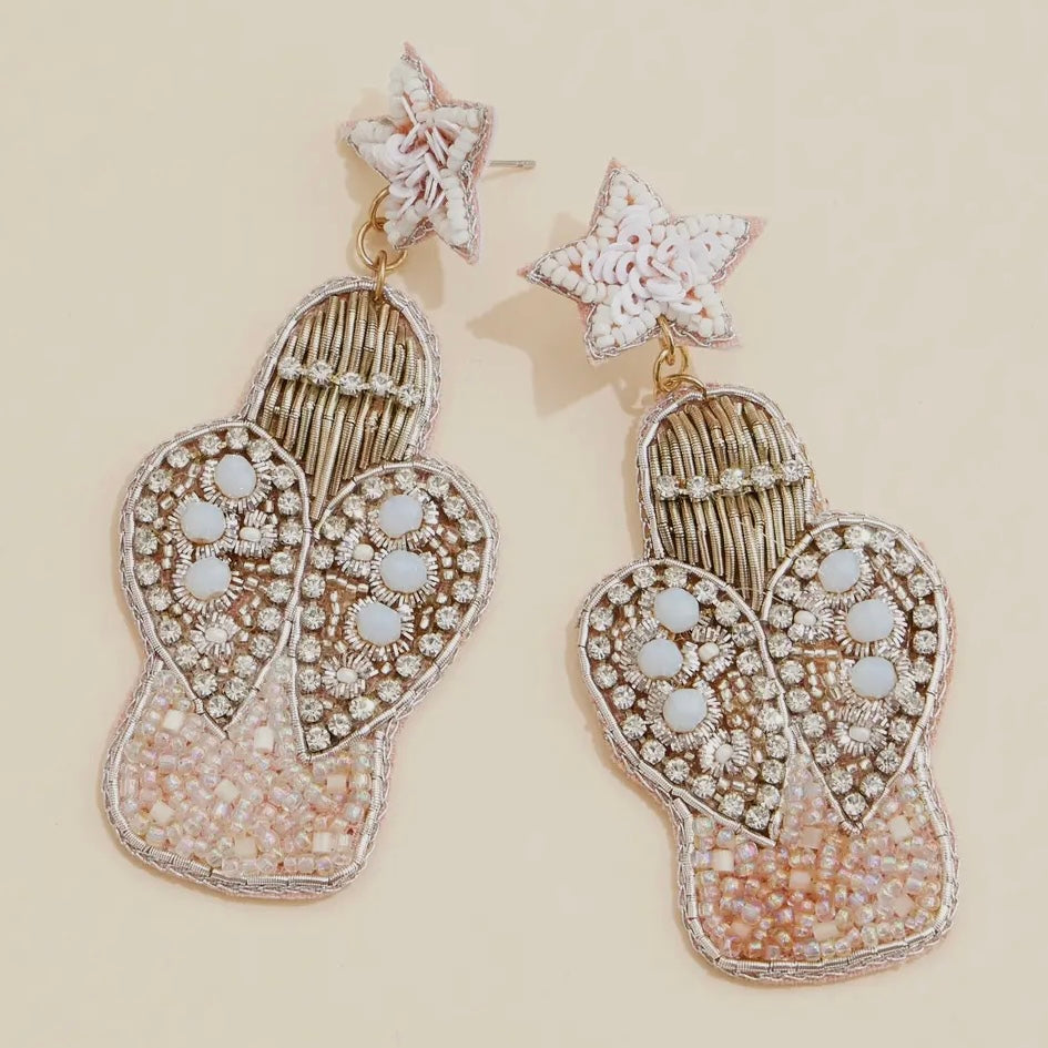 CHRISTMAS ANGEL SEEDBEAD DANGLING WHITE GOLD EARRINGS