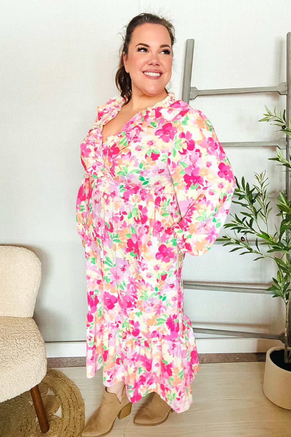 NEON PINK GREEN PEACH FRILLY VNECK RUFFLE SHIRRED WAIST FLORAL MAXI DRESS