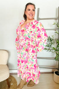 NEON PINK GREEN PEACH FRILLY VNECK RUFFLE SHIRRED WAIST FLORAL MAXI DRESS