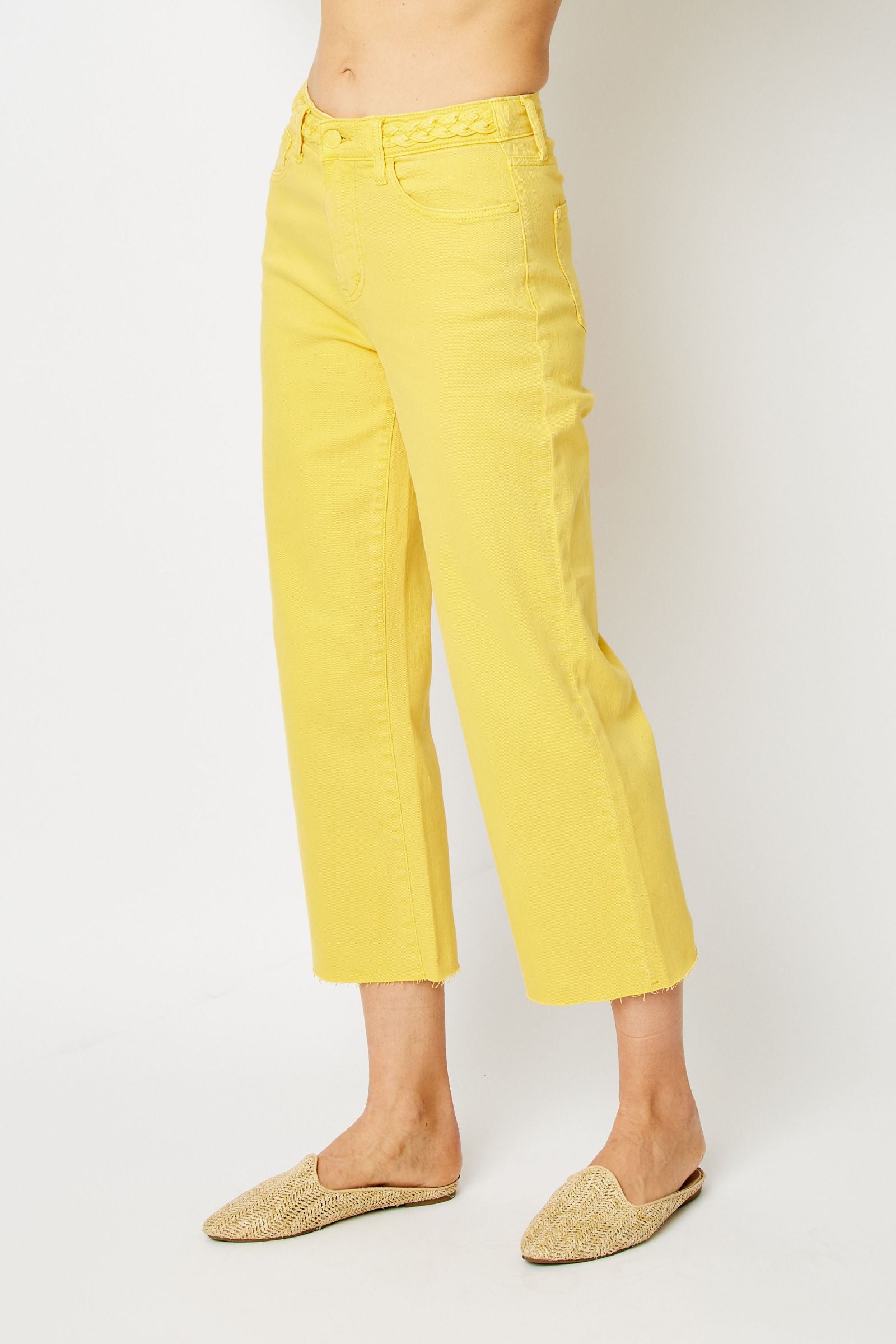 YELLOW HIGH WAIST GARMENT DYED BRAIDED WAISTBAND CROP WIDE LEG DENIM JUDY BLUE