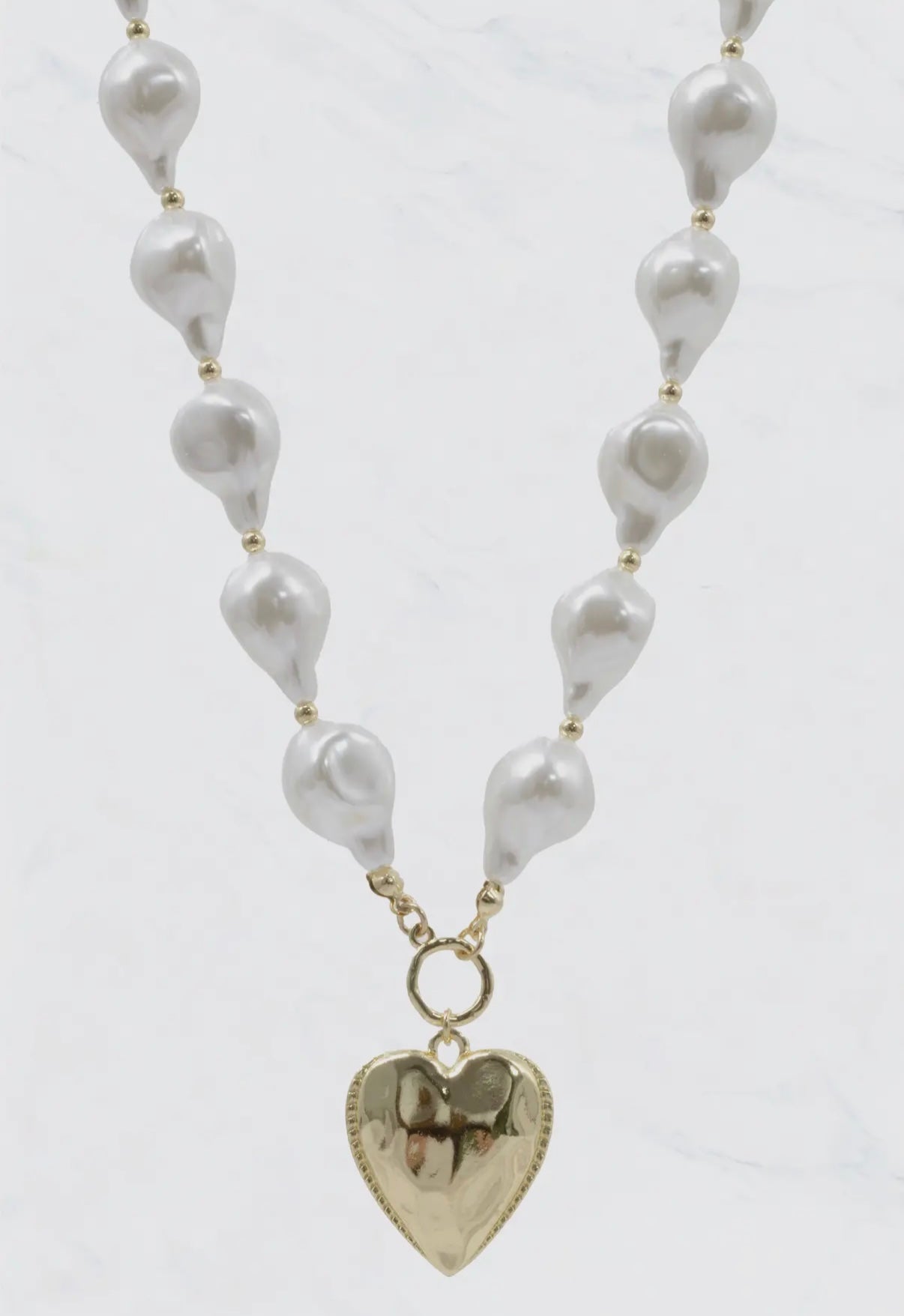 GOLD NUGGET BEADED PEARL HEART PENDANT NECKLACE