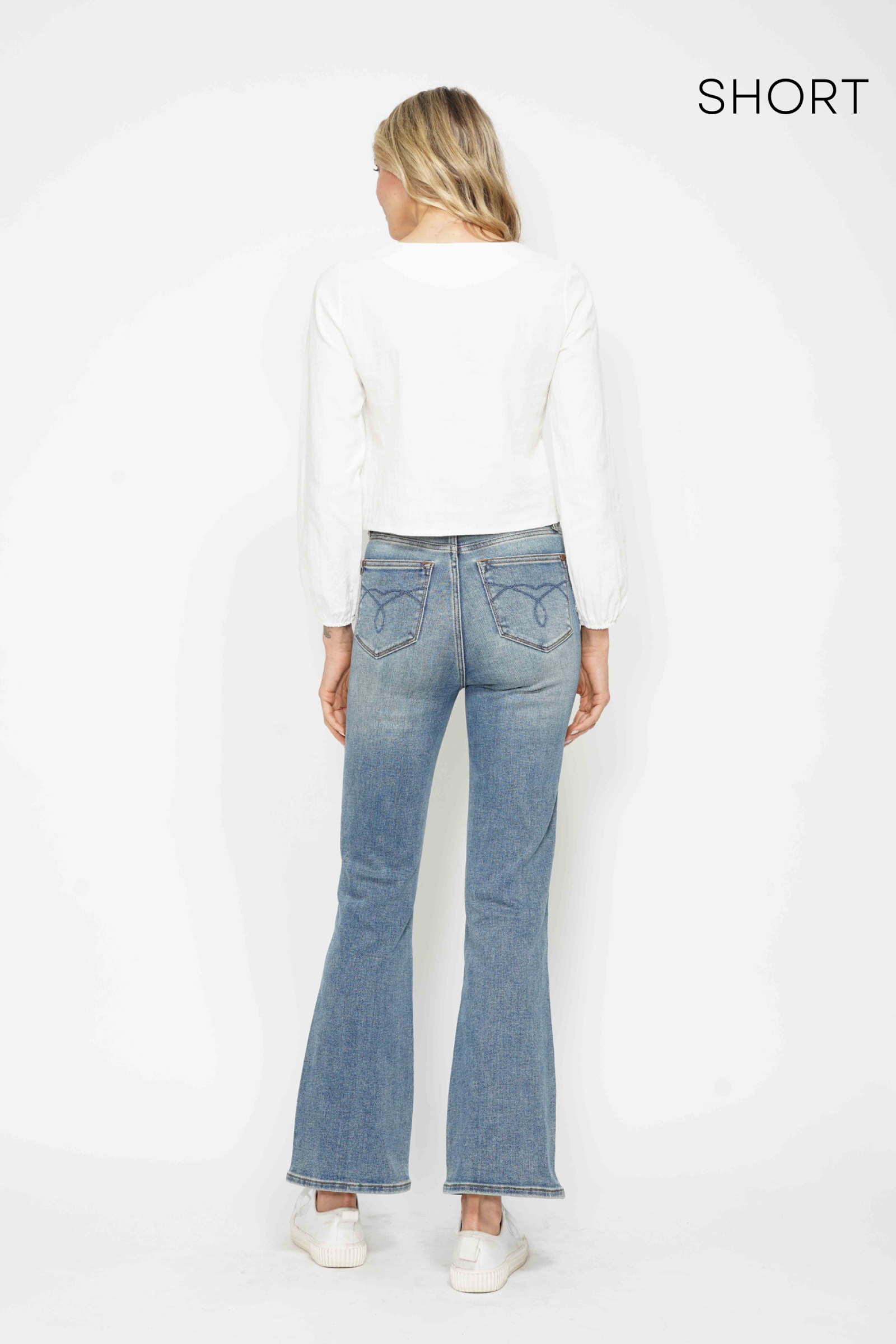 *SHORT INSEAM* HIGH WAIST TUMMY CONTROL MEDIUM WASH BACK POCKET EMBROIDERY BOOTCUT JUDY BLUE DENIM