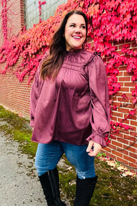 WINE MARSALA BE YOUR BEST SATIN SHIRRED YOKE FRILLY MOCK NECK BLOUSE