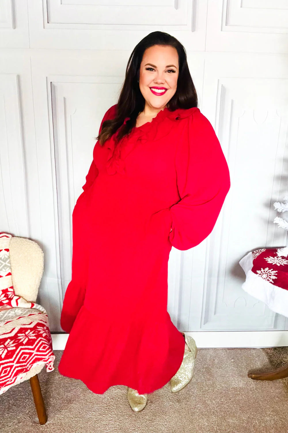 RED BEAUTIFUL YOU HOLIDAY RUFFLE SURPLICE VNECK MAXI DRESS-PLUS