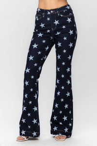 DARKWASH HIGH WAIST ALL OVER STAR PRINT RINSE WASH FLARE JUDY BLUE DENIM