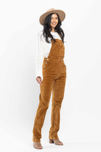 High Waist Camel Over Dyed Corduroy Overalls Straight Fit Judy Blue