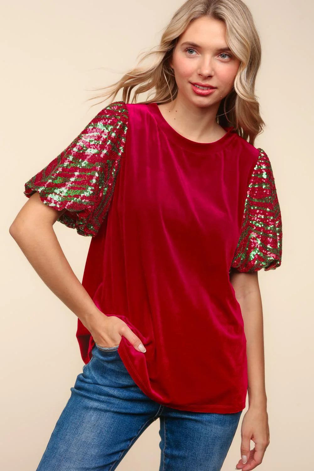 RED VELVET SEQUINS BUBBLE SLEEVE BLOUSE