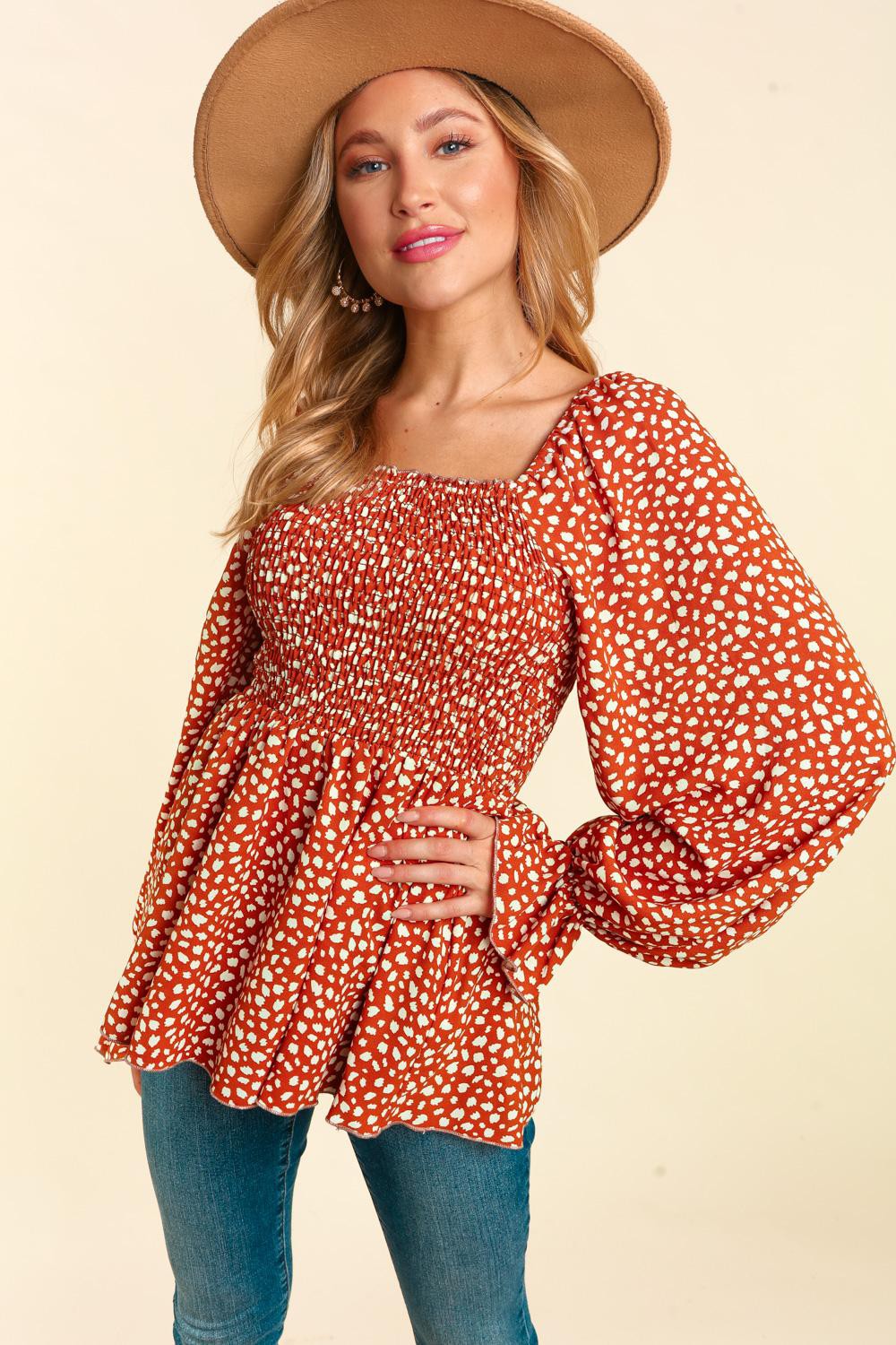 RUST LEOPARD PRINT SMOCKED RUFFLE HEM TOP-PLUS