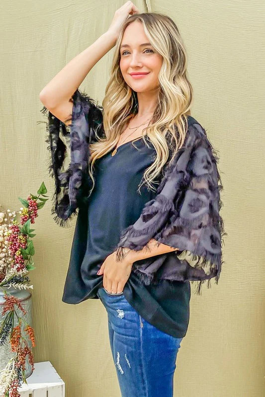 BLACK WOVEN EMBELLISHED FLUFFY SLEEVE WITH RUFFLES BLOUSE-PLUS