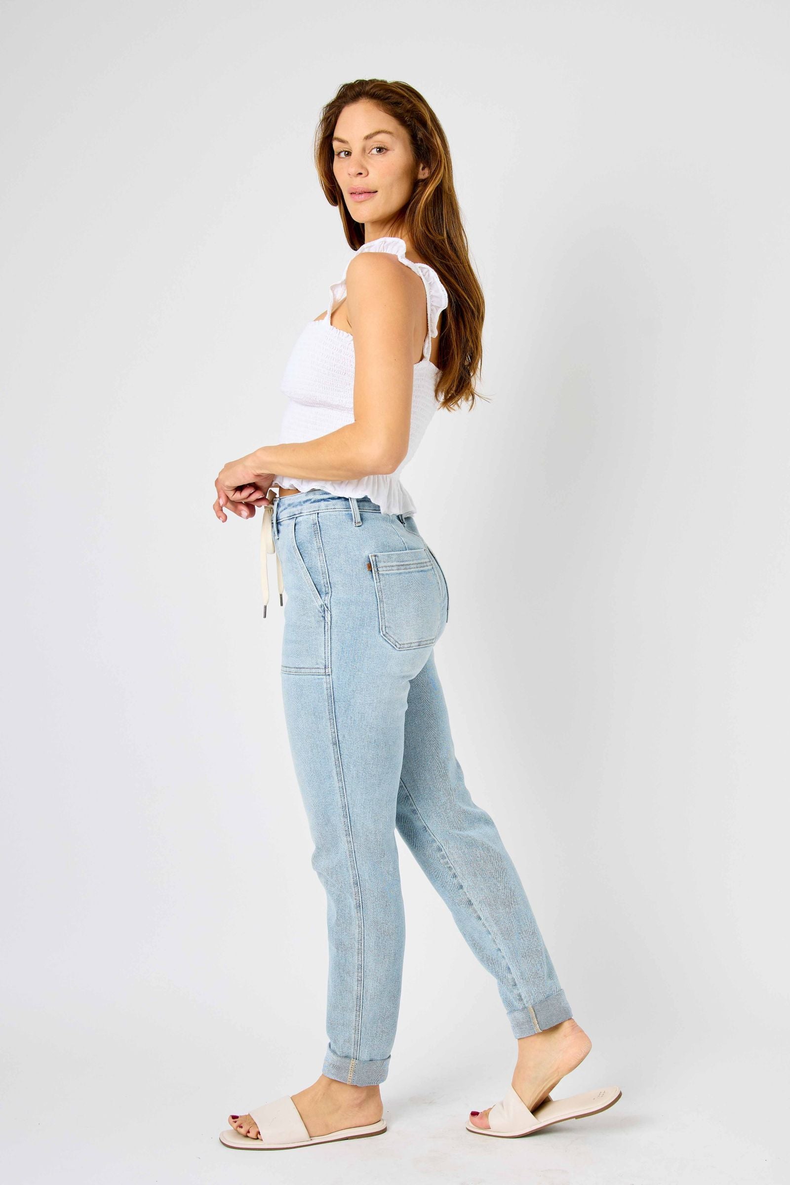 JOGGERS LIGHT WASH HIGH WAIST VINTAGE DOUBLE CUFF JUDY BLUE DENIM-PLUS