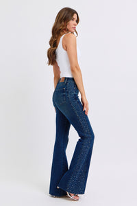 DARKWASH MID RISE RHINESTONE SIDE PANEL DETAIL FLARE JUDY BLUE DENIM