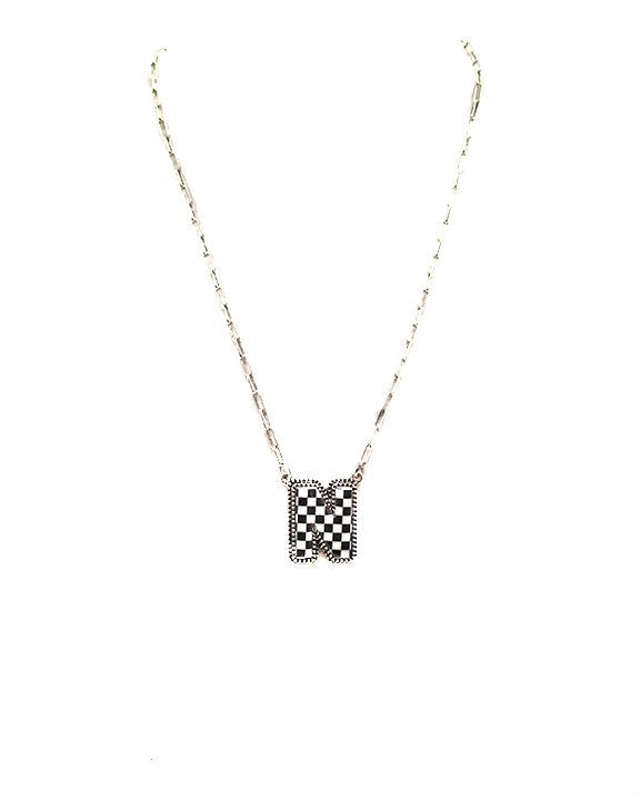 CHECKERED BUBBLE INITIAL BLACK & WHITE ON SILVER CHAIN WITH 18" + 3" EXTENDER NECKLACE
