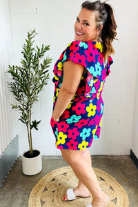NAVY PINK MAGENTA YELLOW WHITE FEELING BOLD FLORAL SMOCKED WAIST FLUTTER ROMPER-PLUS