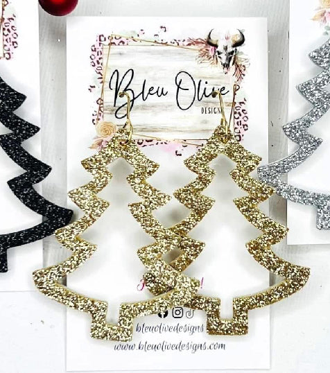 CHRISTMAS TREES OUTLINE CUTOUT SPARKLY GLITTER HANDMADE EARRINGS BY B.O.D