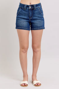 DARKWASH HIGH WAIST DOUBLE BUTTON WAISTBAND SHORTS JUDY BLUE DENIM-PLUS
