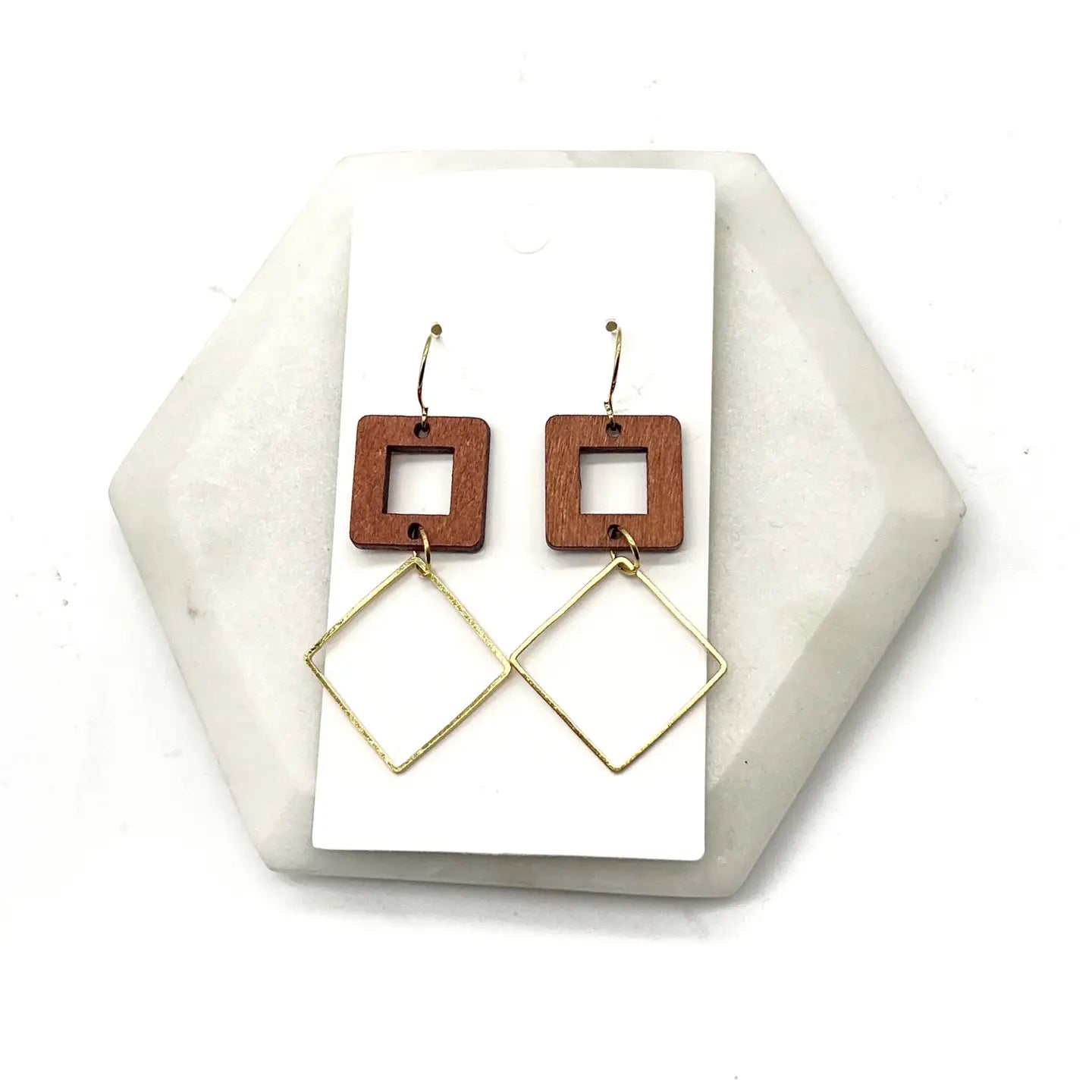 RUST WOOD GOLD RECTANGLE SQUARE METAL DUO HANDMADE BBB EARRINGS