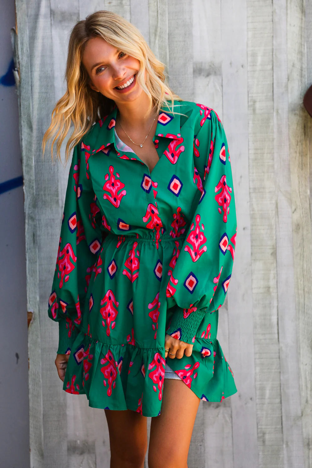 ROYAL GREEN PINK MULTI AZTEC TRIBAL SMOCKED CUFF SLEEVES LONGSLEEVE DRESS