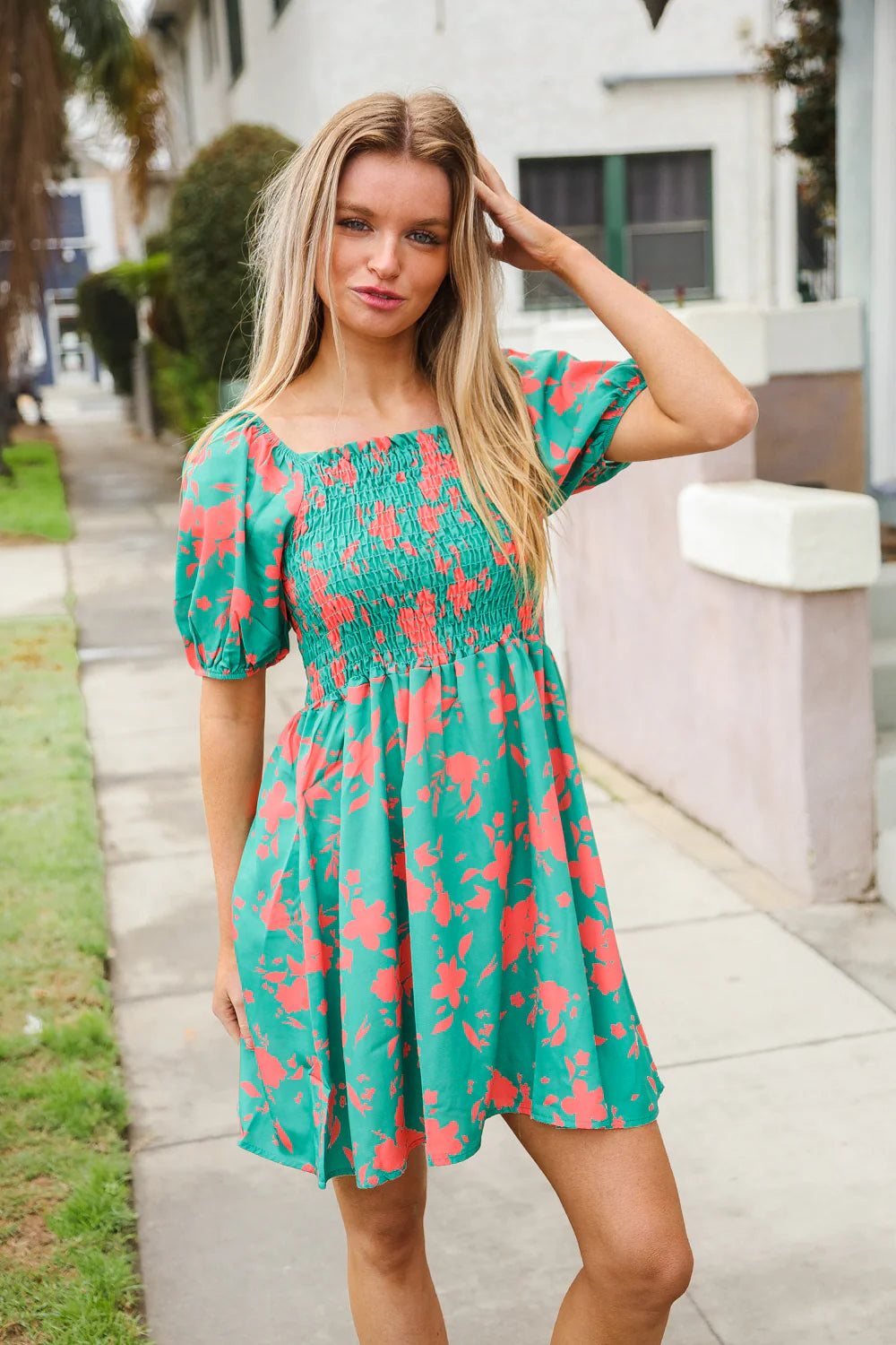TEAL CORAL FLORAL SMOCKED DRESS-PLUS