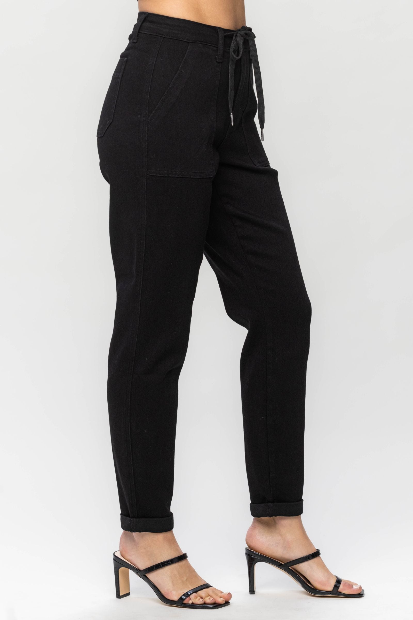 BLACK HIGH WAIST JET BLACK DOUBLE ROLL CUFF JOGGERS JUDY BLUE DENIM