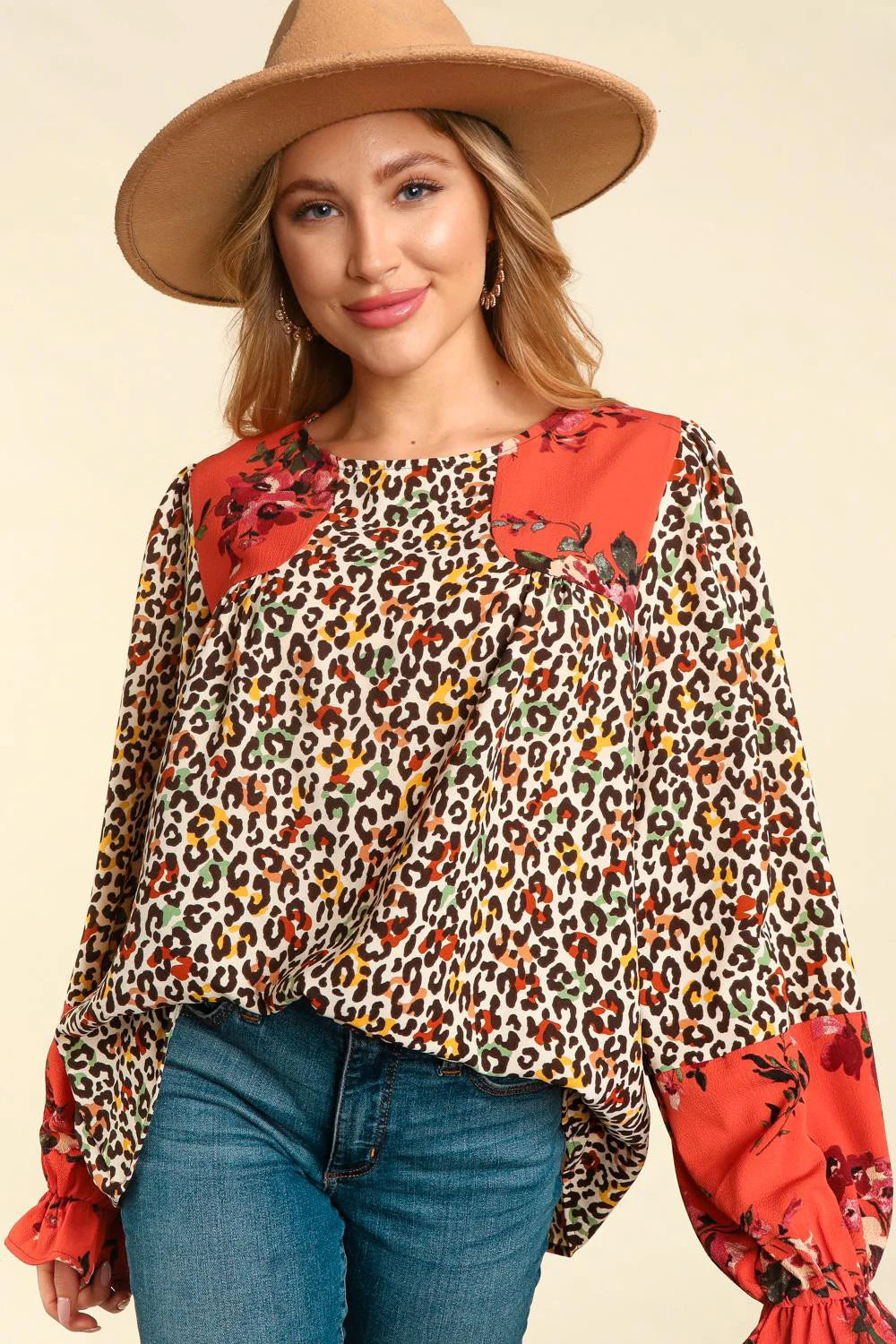 RUST MUSTARD ANIMAL PRINT COLORBLOCK FORAL BLOUSE