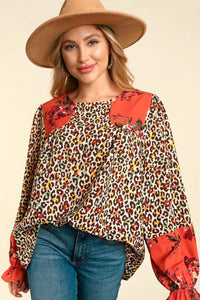 RUST MUSTARD ANIMAL PRINT COLORBLOCK FORAL BLOUSE