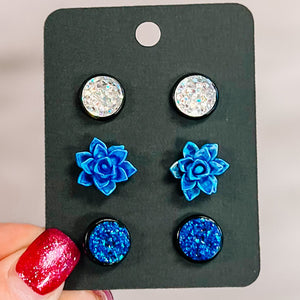 ROYAL BLUE Succulent 10mm 3 Pack Black Bezel Druzy Earrings Pack