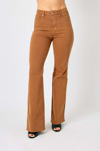 BROWN HIGH WAIST TUMMY CONTROL GARMENT DYED FLARE DENIM JUDY BLUE