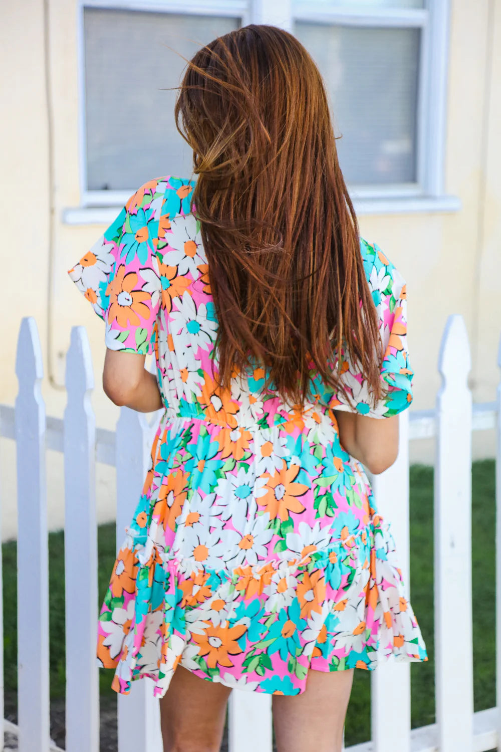 NEON CORAL WOVEN FLUTTER SLEEVE FLOWERS DRESS
