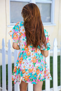 NEON CORAL WOVEN FLUTTER SLEEVE FLOWERS DRESS