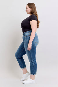 MID RISE VINTAGE WASH DARK WASH NON DESTROY BOYFRIEND FIT JUDY BLUE DENIM-PLUS