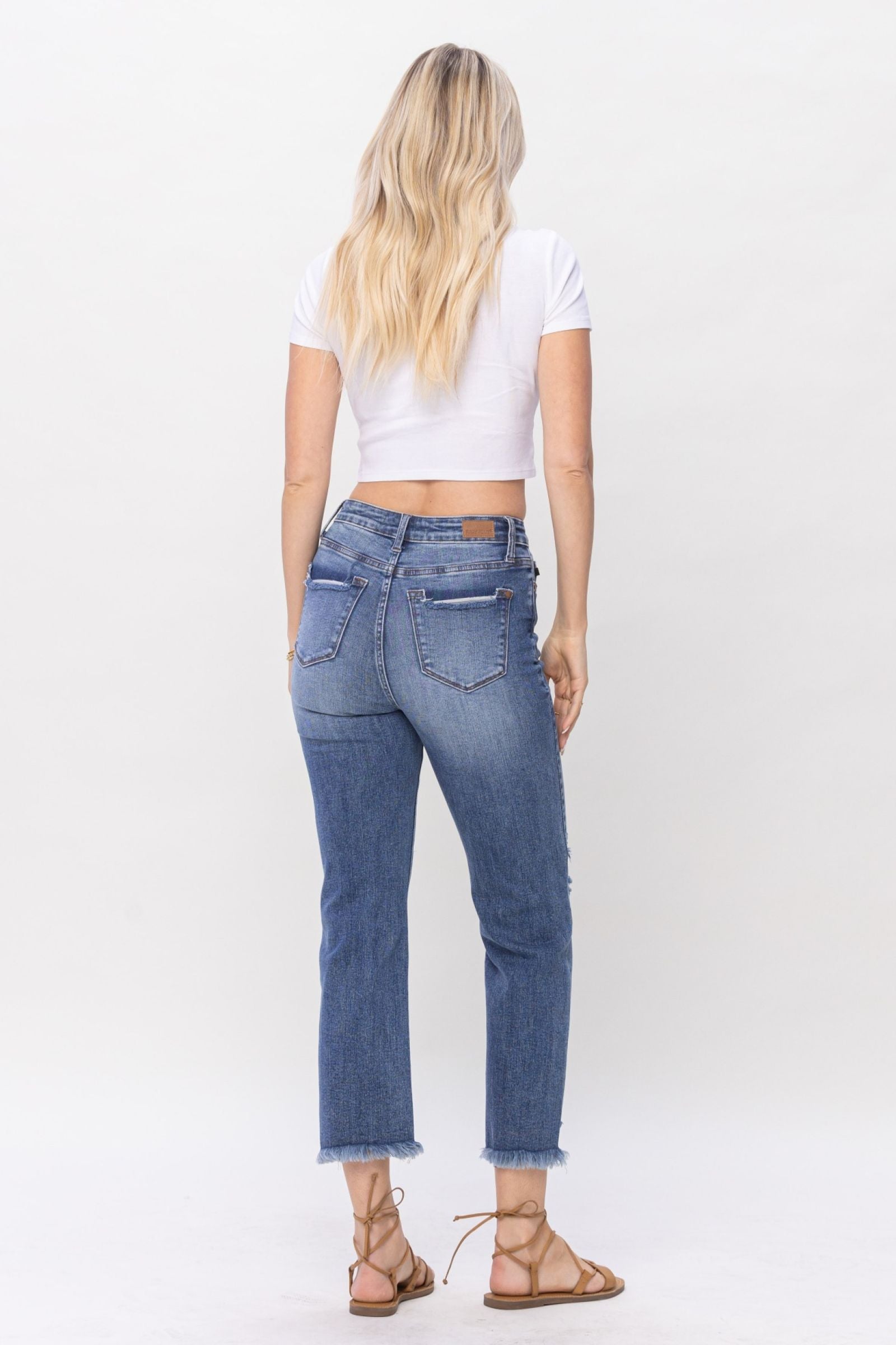 MEDIUM WASH HIGH WAIST DESTROYED CROPPED STRAIGHT JUDY BLUE DENIM-PLUS