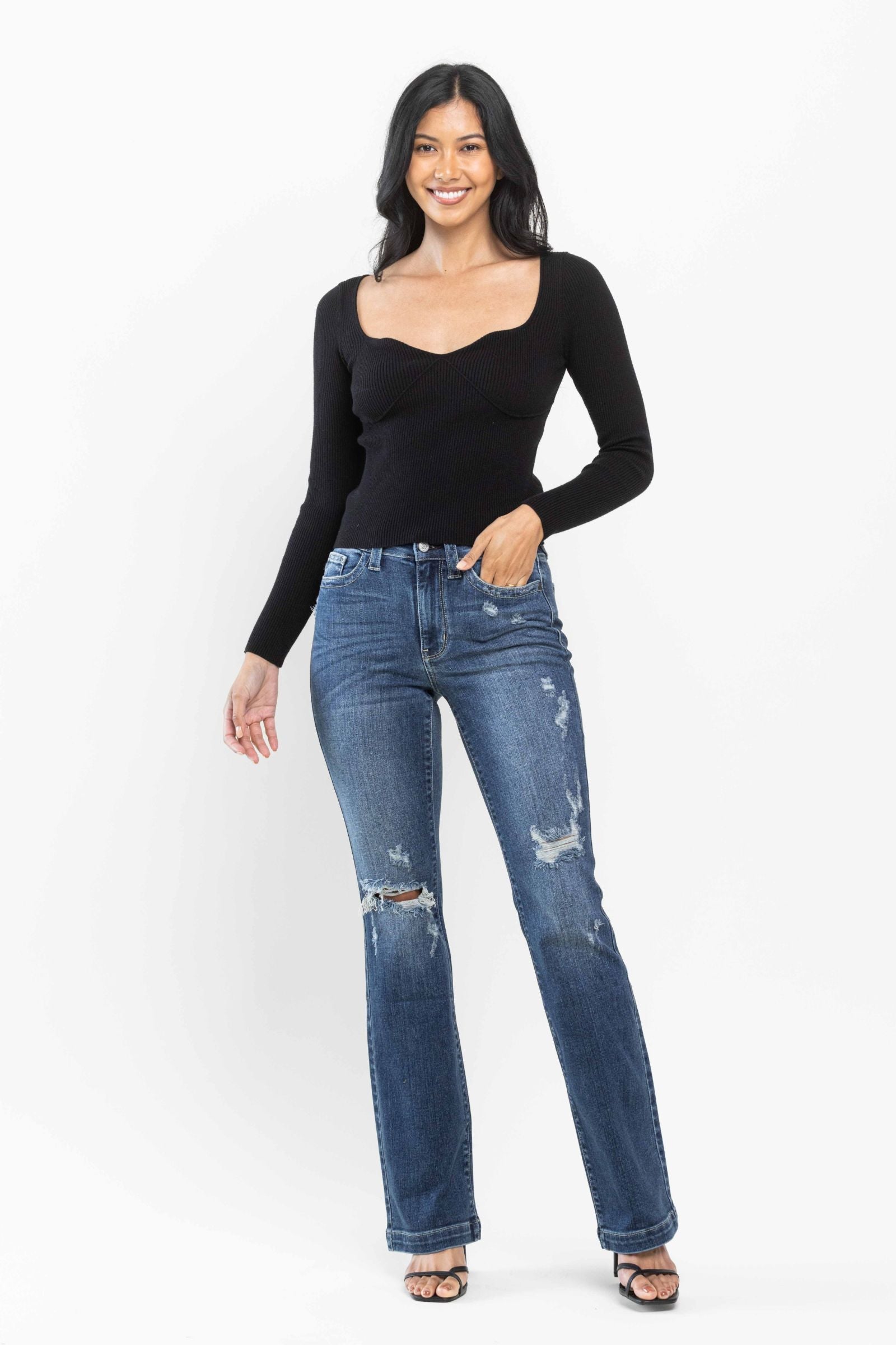 DARKWASH MID RISE HAND SAND DESTROYED BOOTCUT JUDY BLUE DENIM