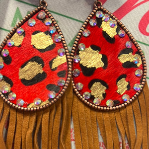 GET IN COWGIRL FRINGE RED LEOPARD EARRINGS-SEE DESCRIPTION