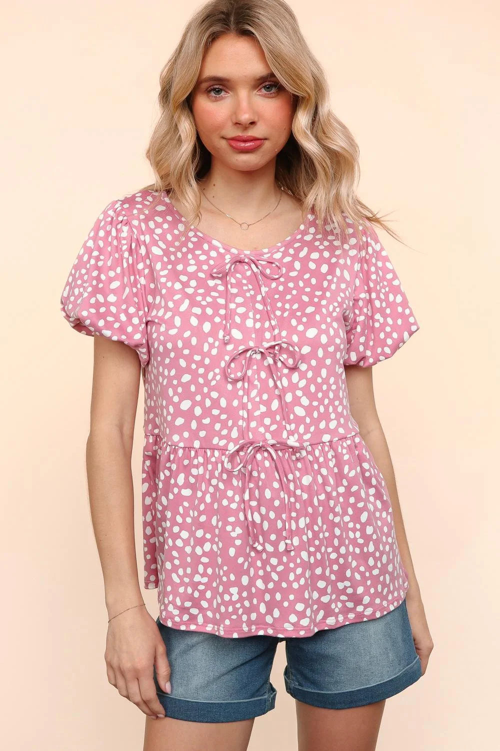 ROSE ANIMAL DOTTED FRONT RIBBONS BOW TIE BABYDOLL KNIT TOP