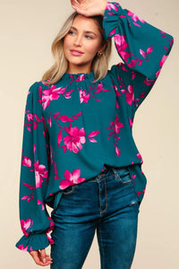 TEAL MAGENTA FRILLY FLORAL MOCK NECK BUTTON PRINTED TOP-PLUS