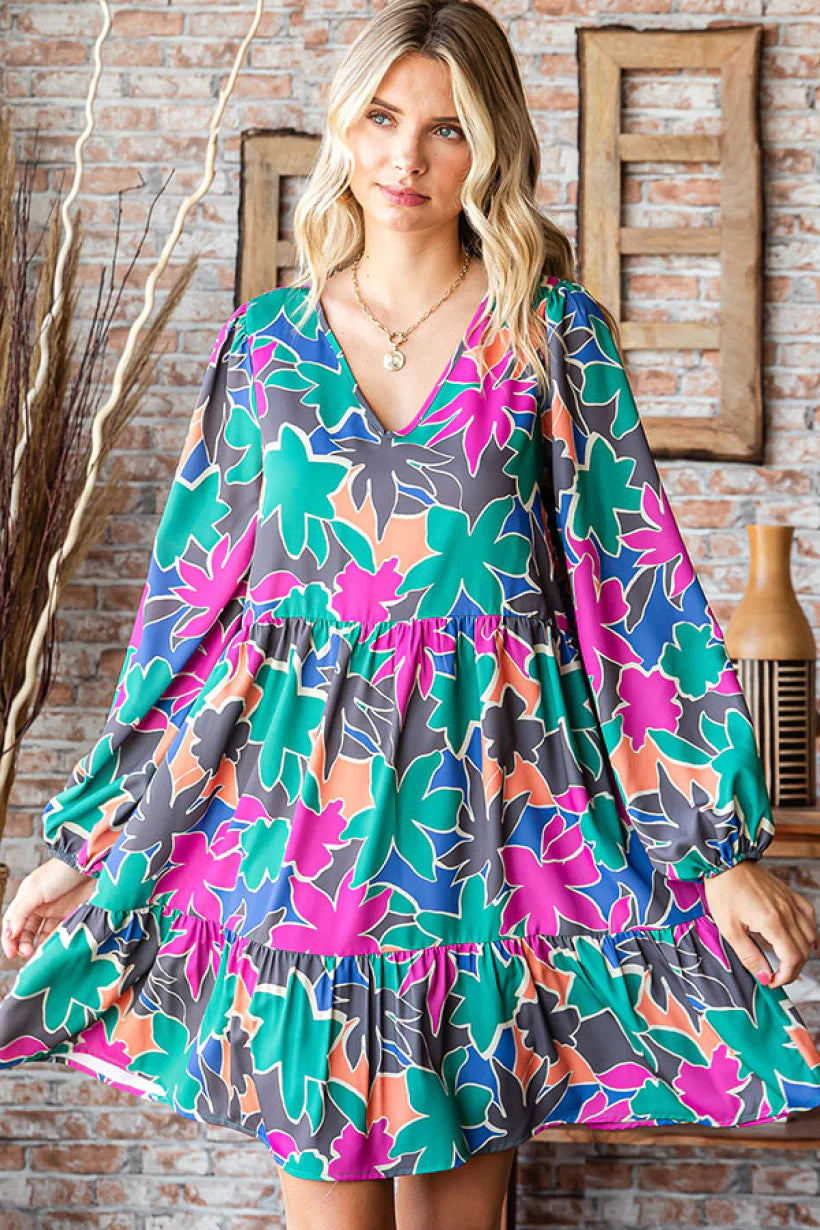 AQUA TEAL PINK FLORAL MULTI COLOR ABSTRACT PRINTED LONGSLEEVE DRESS