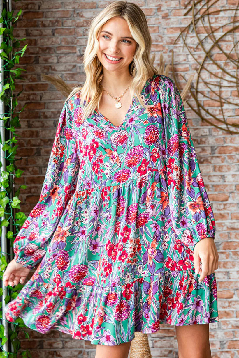 TEAL HOT PINK FLOWERS LONGSLEEVE TIERED DRESS
