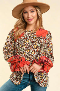 RUST MUSTARD ANIMAL PRINT COLORBLOCK FORAL BLOUSE