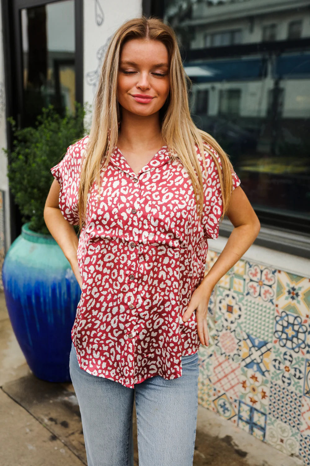 MAUVE ANIMAL DOTTED WOVEN POCKET BLOUSE