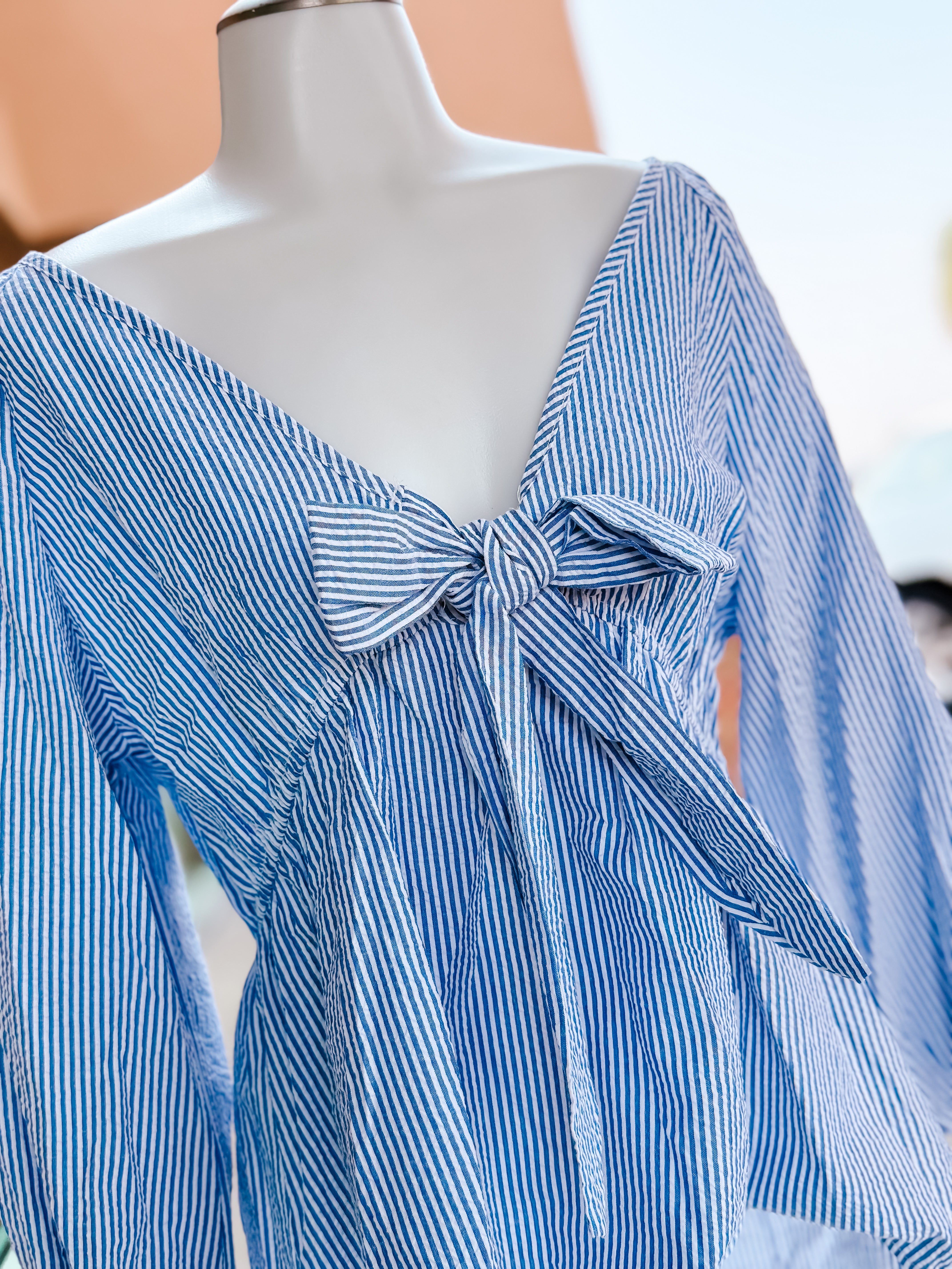 Seersucker Blue Striped Knotted Top- PLUS- SALE
